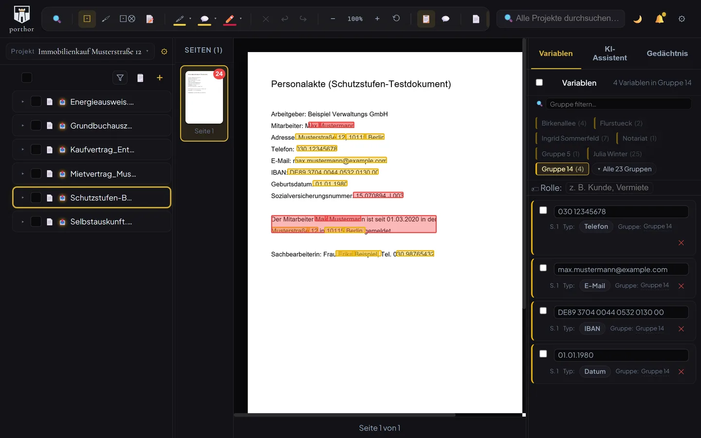 porthor Pro – Software zur Dokumentschwärzung von Stefan Holhut 12 porthor PDF-Viewer dunkles Theme mit rot-orange-gelben Hervorhebungen