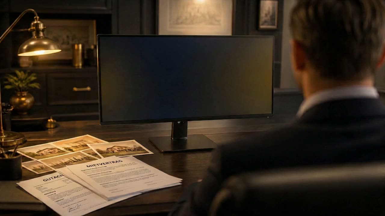 porthor Pro – Software zur Dokumentschwärzung von Stefan Holhut 2 Person am Schreibtisch mit Monitor, Mietvertrag und Lampe