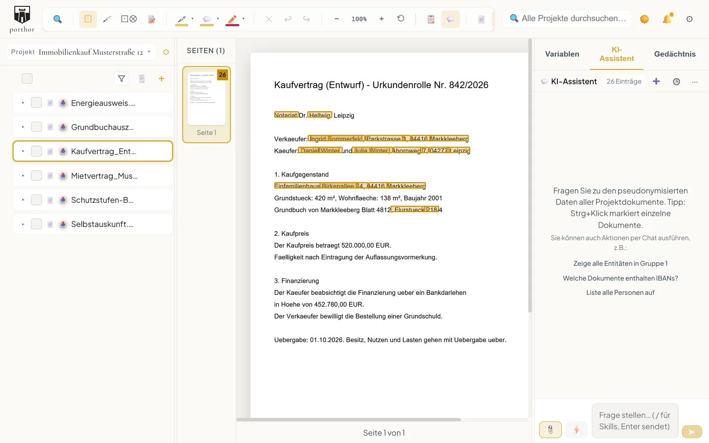 porthor Pro – Software zur Dokumentschwärzung von Stefan Holhut 1 porthor Dokumentliste helles Theme mit farblich markierten sensiblen Daten