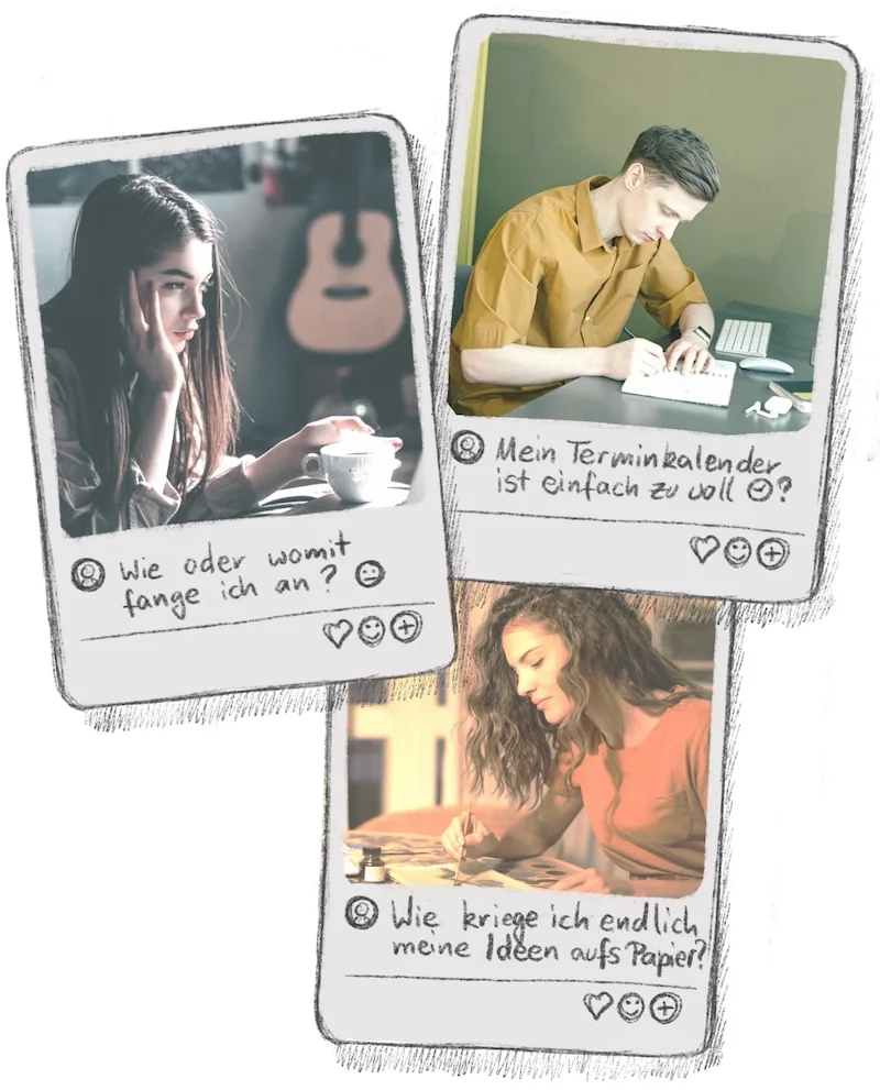 Drei Polaroid-Fotos mit Fragen: wie anfangen, Terminkalender, Ideen auf Papier