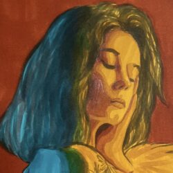 Portrait Marker einer Frau mit bunten Farben auf rotem Hintergrund, 250x250 Pixel