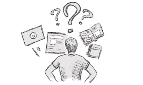 Illustration einer Person von hinten umgeben von Fragezeichen und Materialien