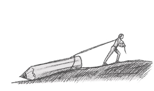 Illustration einer Person zieht einen großen Bleistift als Symbol langsamer Fortschritte
