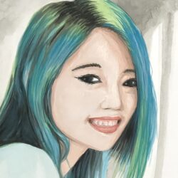 Aquarell-Porträt einer Frau mit türkisfarbenen Haaren und zartem Kolorierung