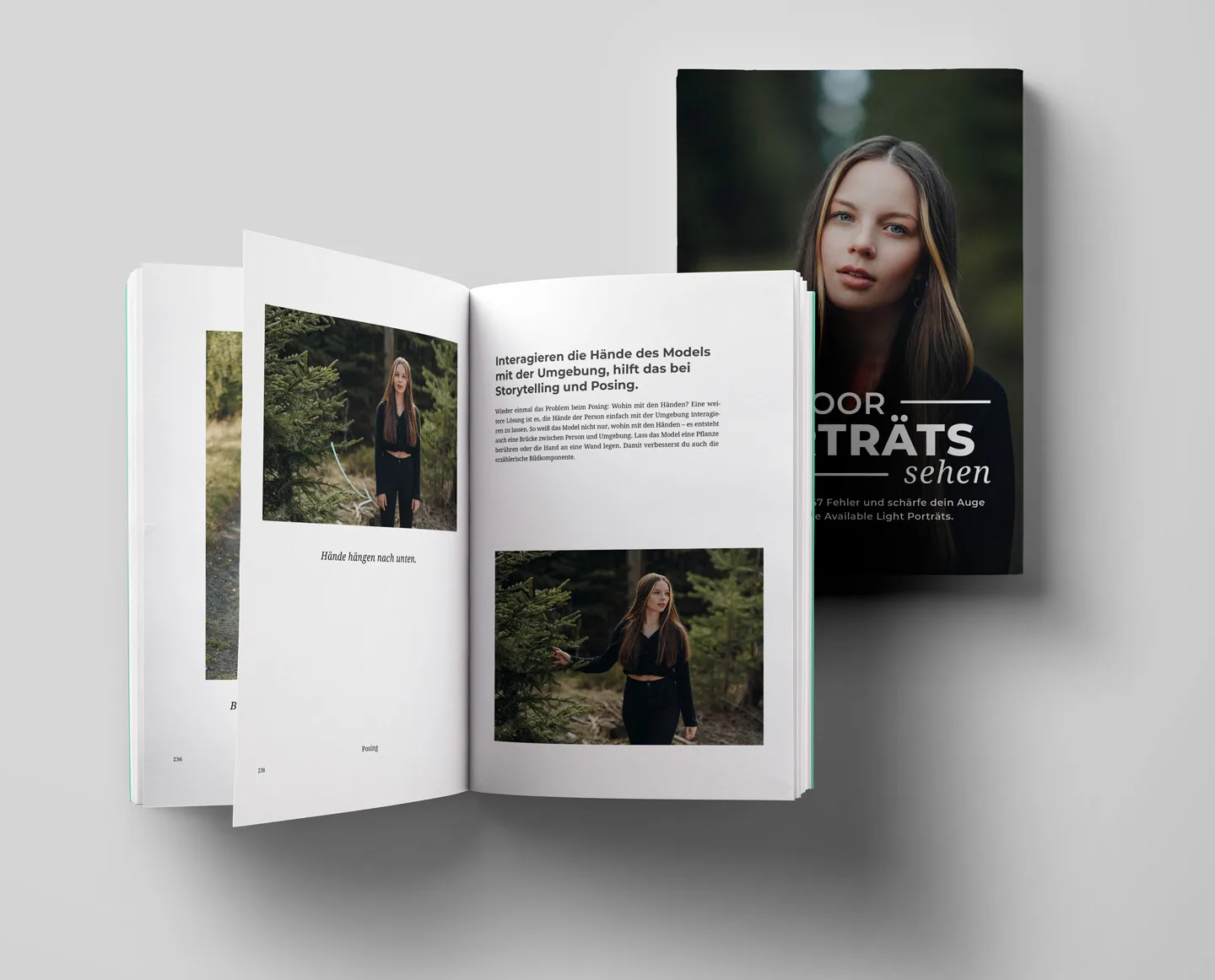 Porträt Starter-Bundle – Presets + Outdoor Porträts sehen 12 Buch Outdoor Porträts sehen 3D-Mockup, aufgeschlagen mit Porträtfotos und Storytelling-Tipps
