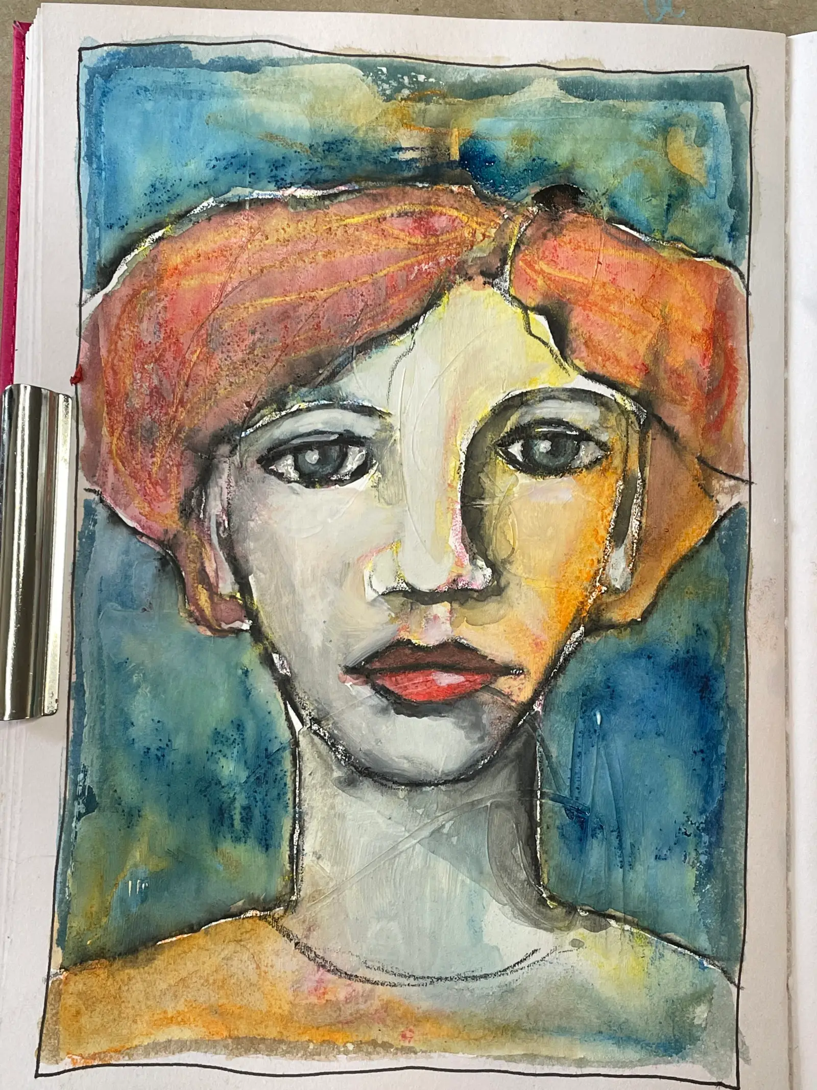 Aquarellporträt mit buntem Hintergrund in Blau und Orange, weibliches Gesicht mit farbigen Flächen