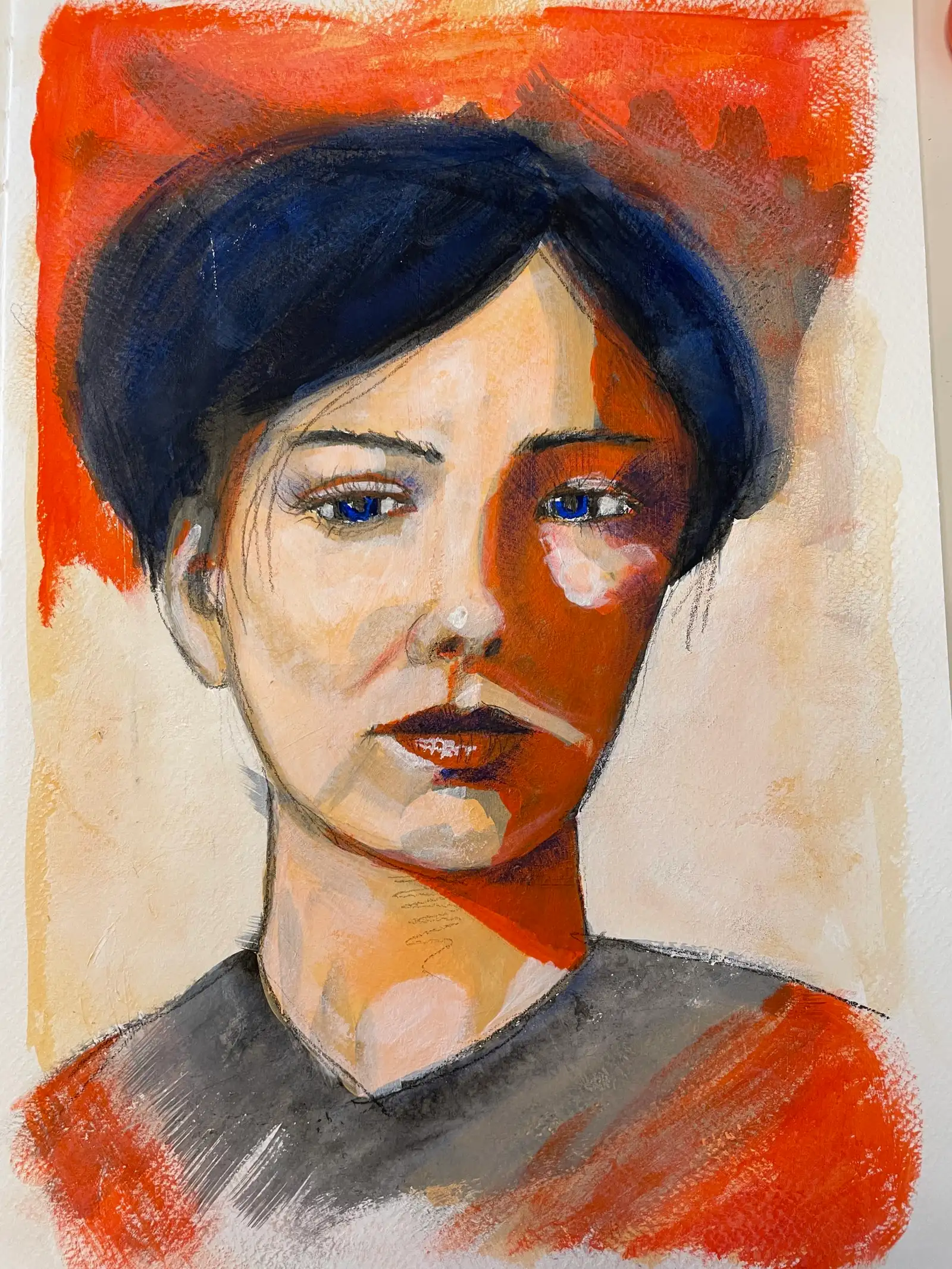 Portraitmalerei mit rotem Hintergrund und Unterbemalung, weibliches Gesicht mit dunklem Haar und blauen Augen