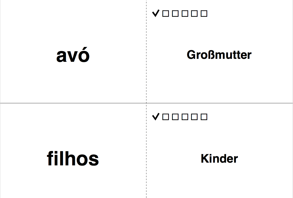 Lernkarten-Screenshot mit portugiesischen Familienausdrücken avó, filhos und deutschen Übersetzungen