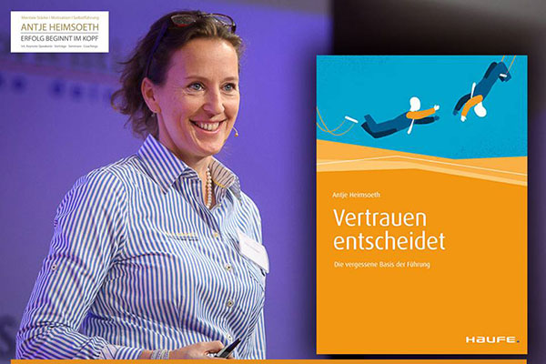 Antje Heimsoeth neben Buchcover "Vertrauen entscheidet" von Haufe-Verlag auf violettem Hintergrund