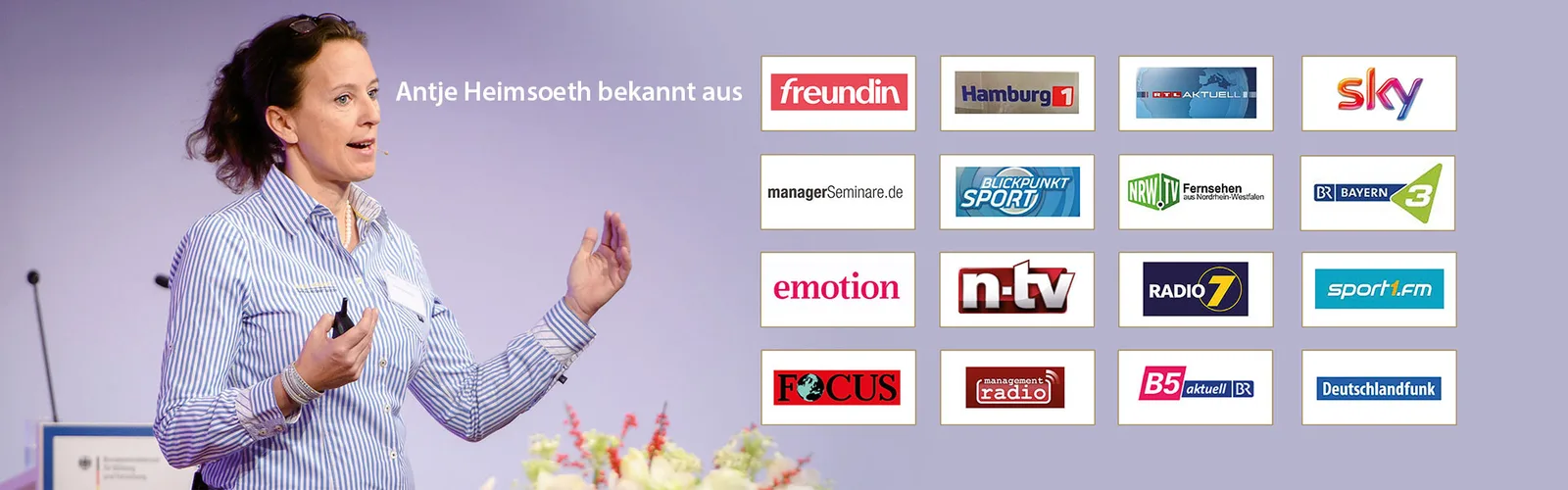 Antje Heimsoeth präsentierend auf violettem Hintergrund mit Text "bekannt aus" und Logo-Raster von 16 Medienunternehmen