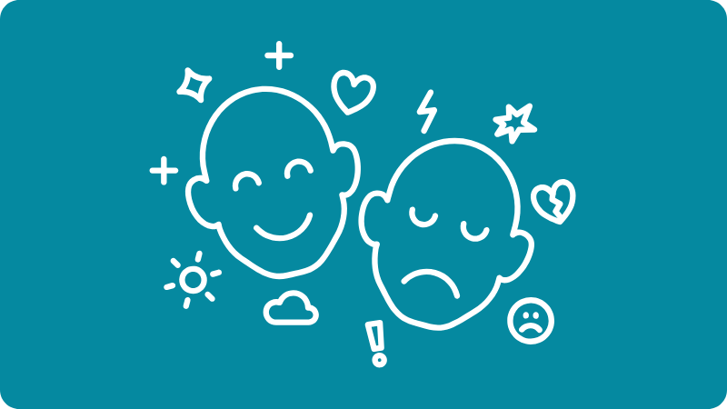 Zwei stilisierte Gesichter mit Emotionen, eines glücklich, eines traurig, umgeben von Symbolen