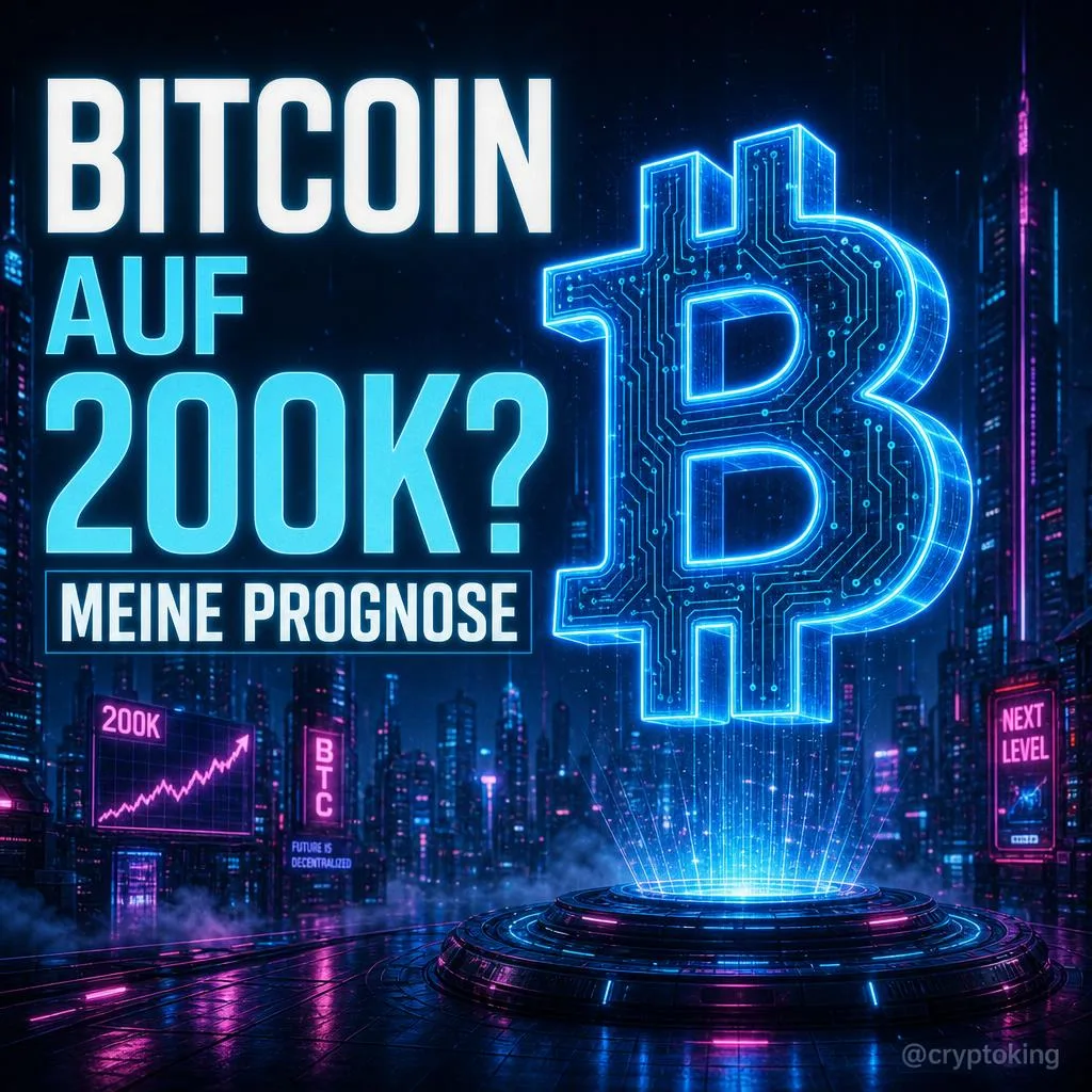 Neon-Cyber-Design mit blauem Bitcoin-Symbol, Text 'BITCOIN AUF 200K? MEINE PROGNOSE'