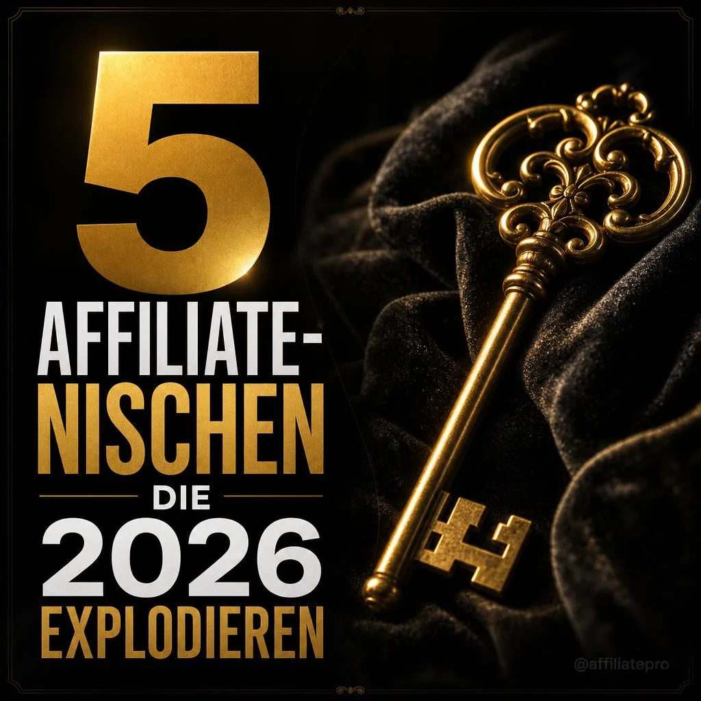 Dark-Luxury-Design mit goldener Schriftzug '5 AFFILIATE-NISCHEN' und dekorativen Schriftzug