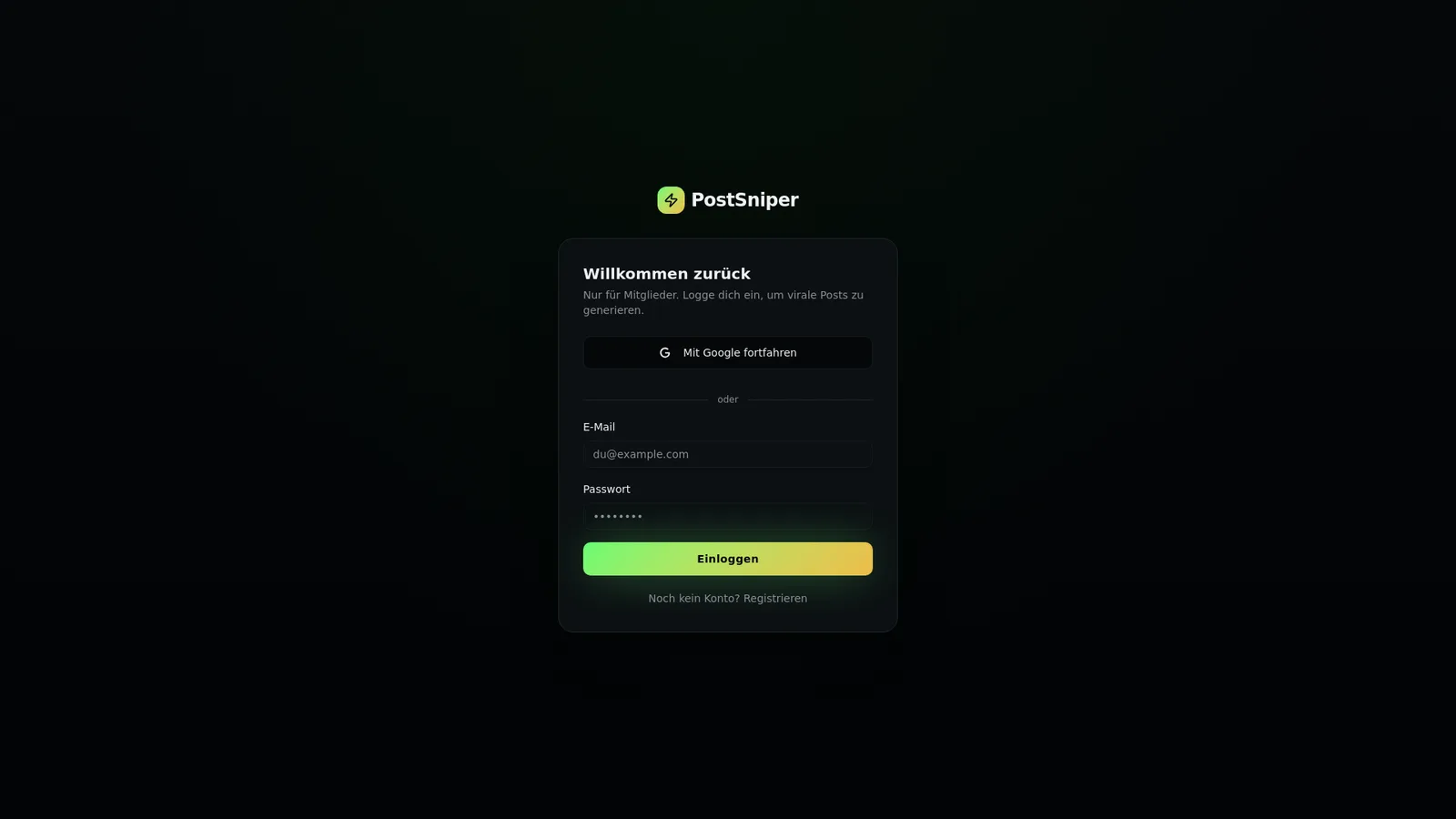 PostSniper Login-Interface mit E-Mail, Passwort und Google-Anmeldung auf dunklem Hintergrund