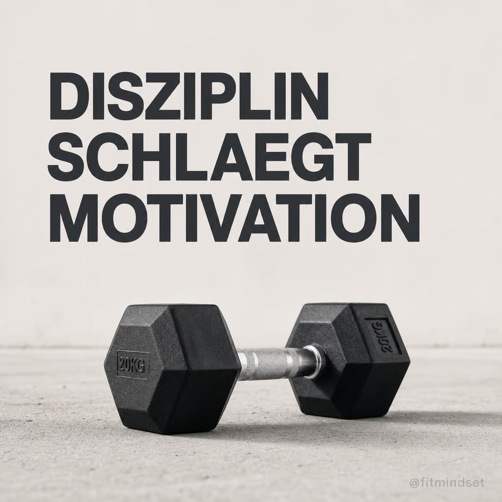 Minimalistisches Design mit schwarzer Hantel auf grauem Hintergrund, Text 'DISZIPLIN SCHLAEGT MOTIVATION'