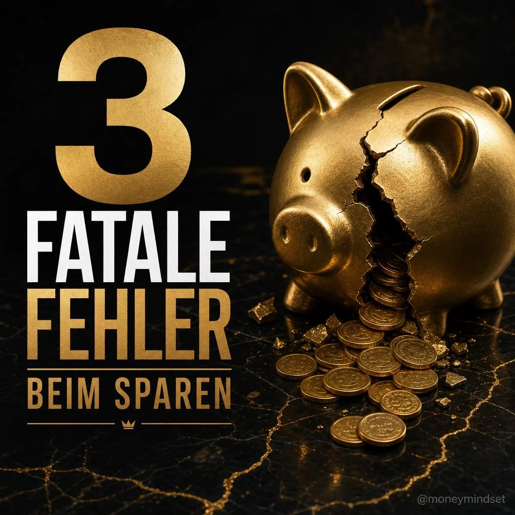 Goldenes Sparschwein mit Riss und Münzen, Text '3 FATALE FEHLER BEIM SPAREN'