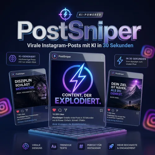 PostSniper Produktbild mit Logo, BlitzSymbol, Instagram-Post-Beispiele und Feature-Icons auf dunklem Hintergrund