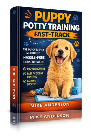 Puppy Potty Training Fast-Track Buchcover mit gelbem Labrador-Welpen und Trainingsmethode