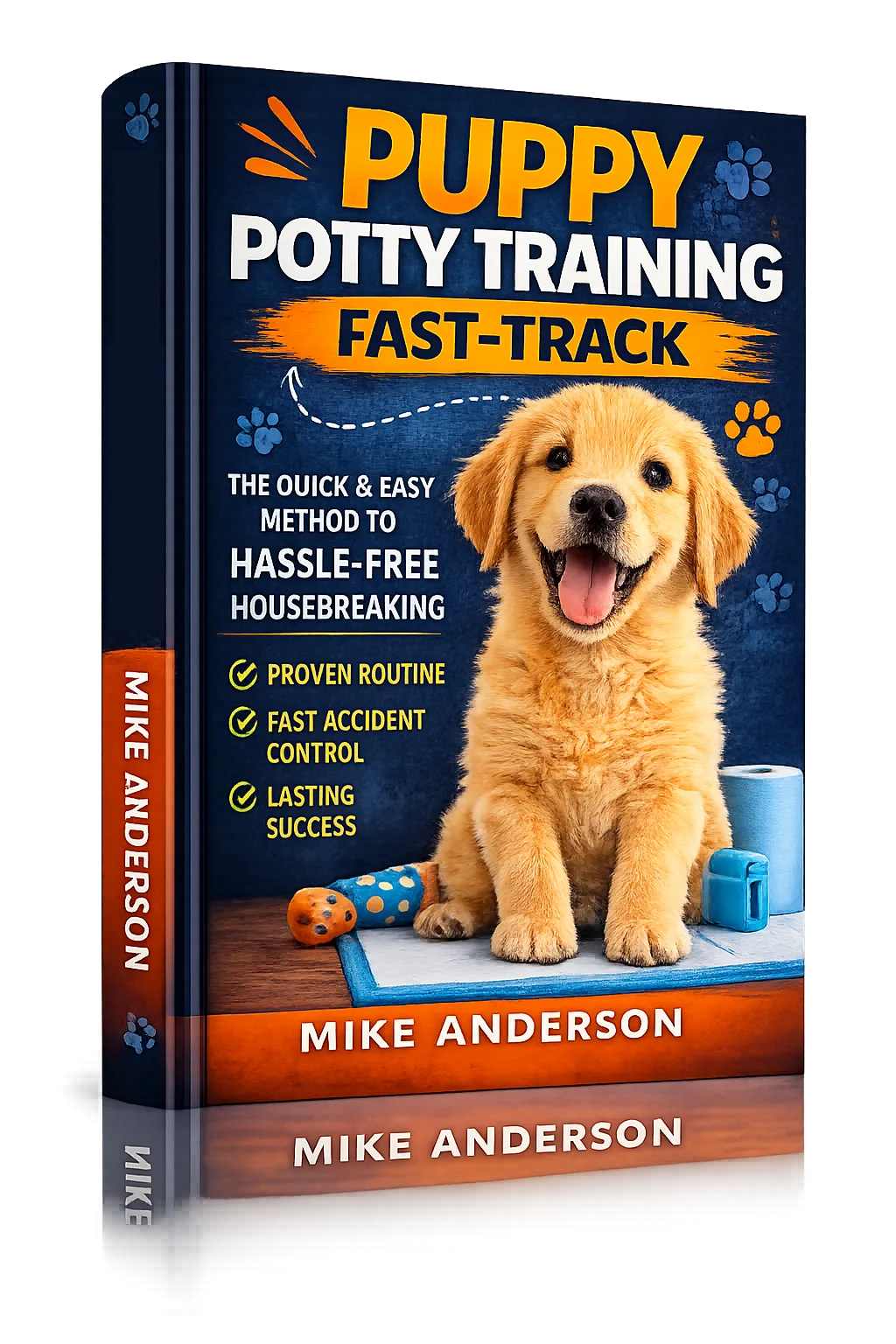 Puppy Potty Training Fast-Track Buchcover mit gelbem Labrador-Welpen und Trainingsmethode