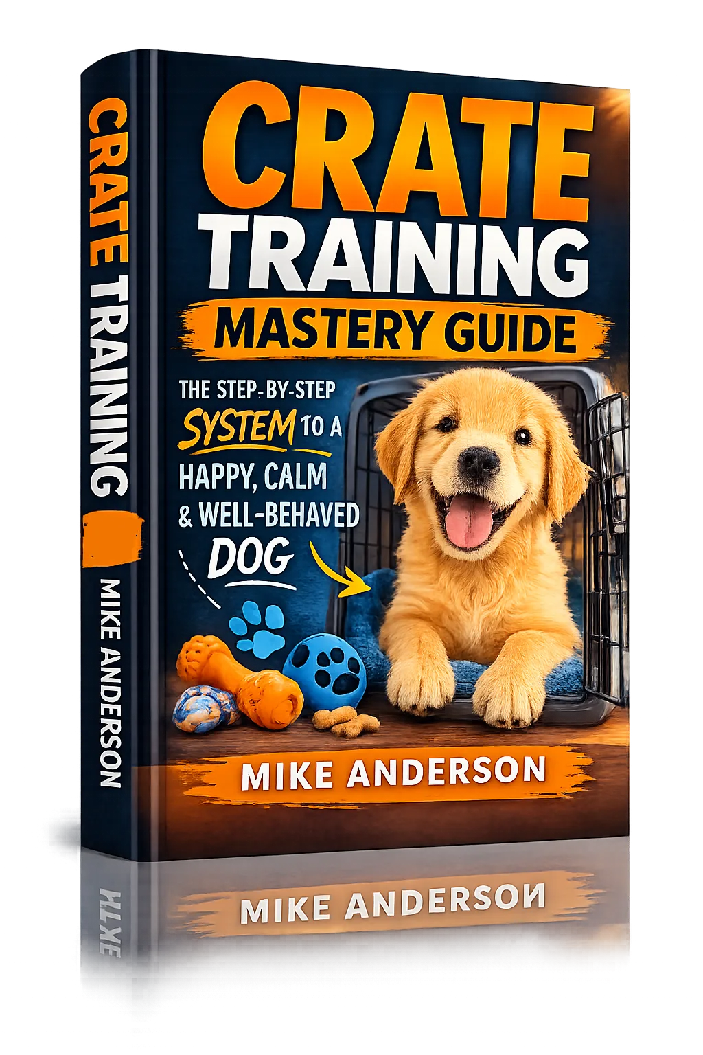 Crate Training Mastery Guide Buchcover mit gelbem Labrador in Box und Trainingsmethode
