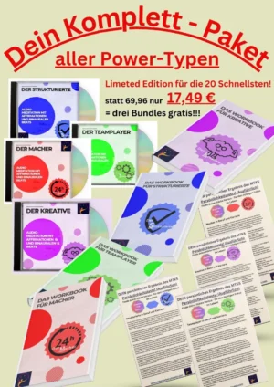 PowerTypen Komplettpaket mit drei CDs, zwei Workbooks und Zertifikat auf beigem Hintergrund