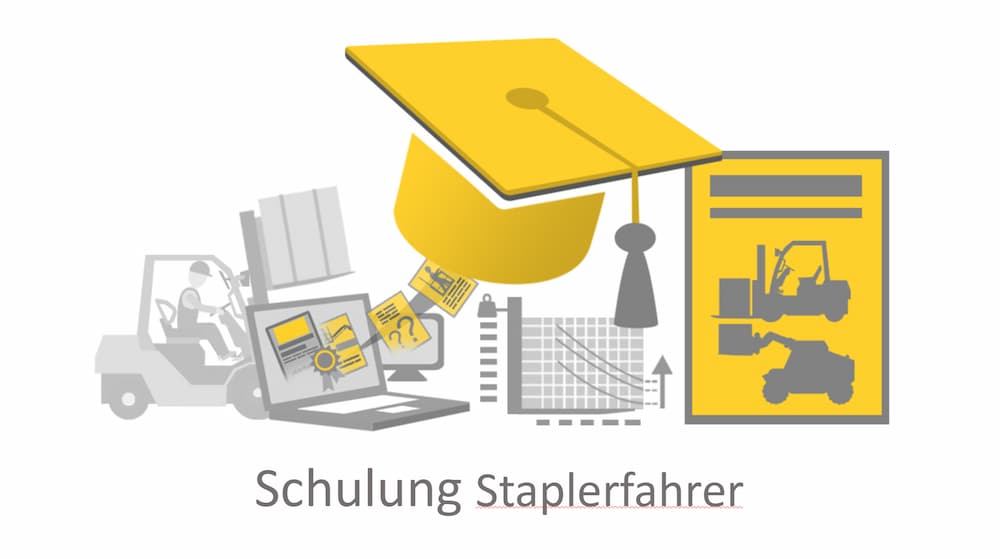 Illustration zur Schulung Staplerfahrer mit Gabelstapler, Laptop, Abschlusskappe und Diagrammen