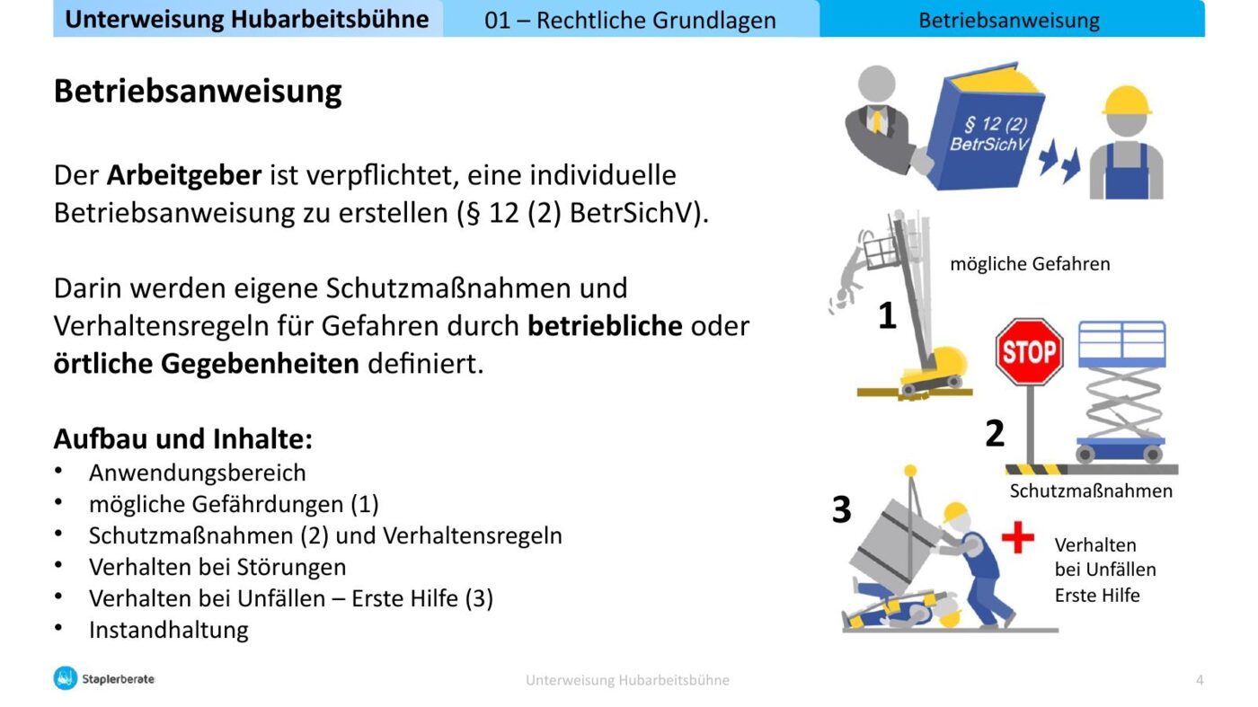 Screenshot Folie 2 aus Unterweisung Hubarbeitsbühne mit Betriebsanweisung, Schutzmaßnahmen und Verhaltensregeln für Hubarbeit