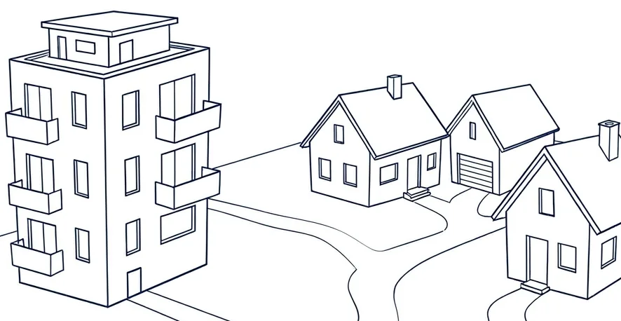 Architektur-Skizze mit Mehrfamilienhaus und Einfamilienhäusern, Immobilien-Illustration