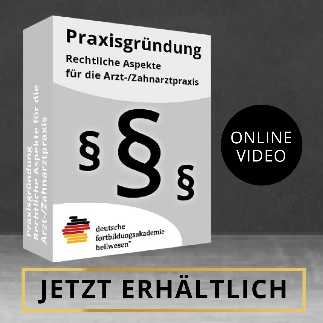 Produktbox Praxisgründung auf grauem Hintergrund mit schwarzem Online-Video Badge und gelber Jetzt Erhältlich Banner