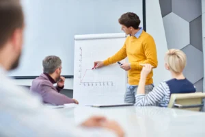 Marketing Meeting im Office mit Team vor Flipchart mit Erfolgskurve