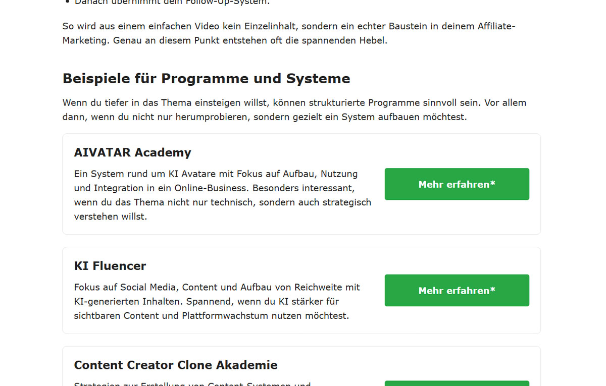 Empfehlungsbereich mit Programmen AIVATAR Academy, KI Fluencer und Content Creator Clone Akademie