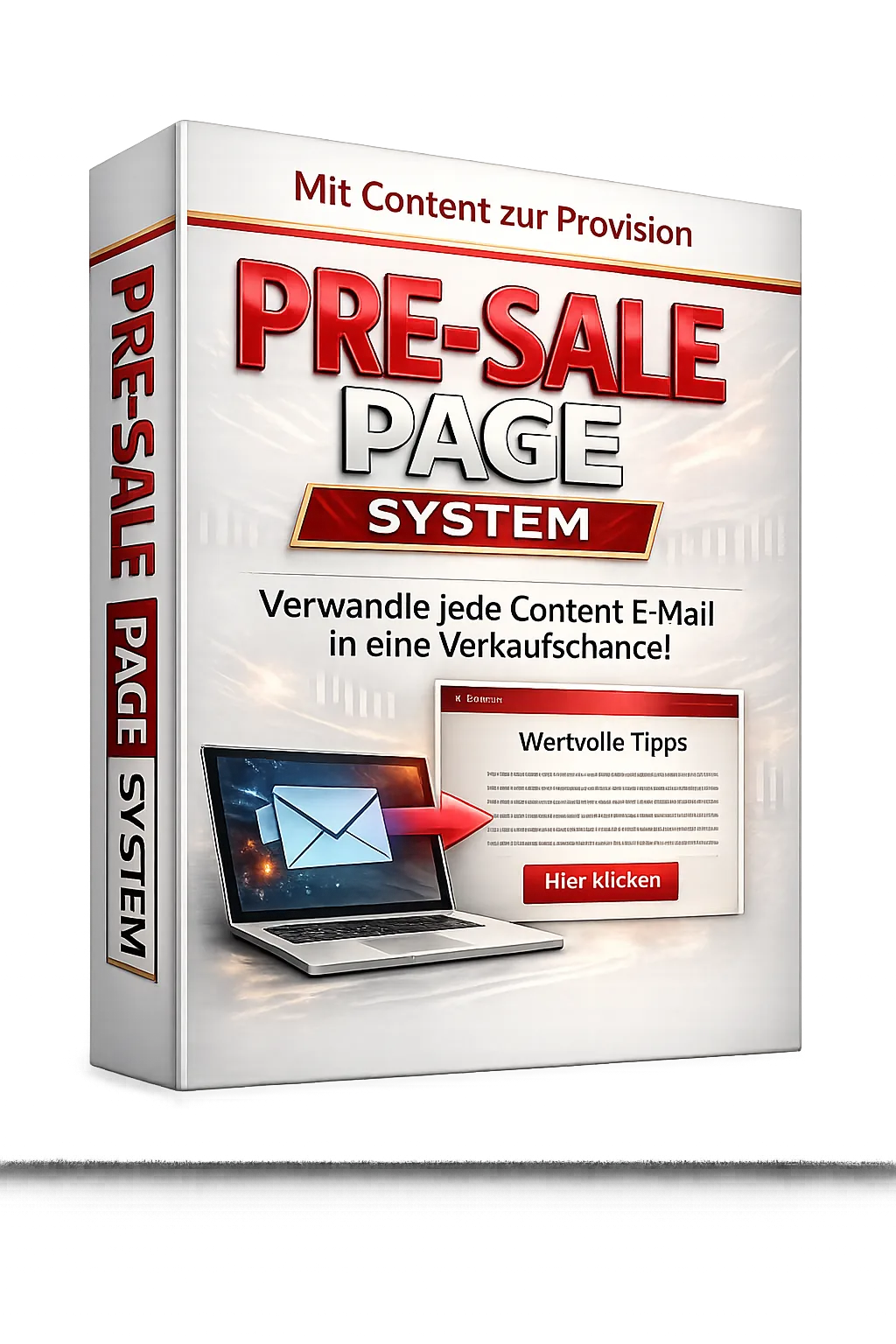 Pre-Sale Page System Cover mit 3D-Produktbox, Laptop und E-Mail-Symbol