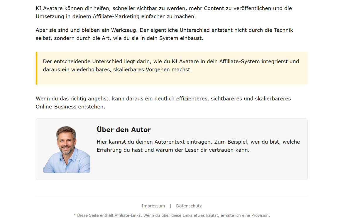 Autorenbereich mit Profilbild, Text und Impressum der Pre-Sale Page