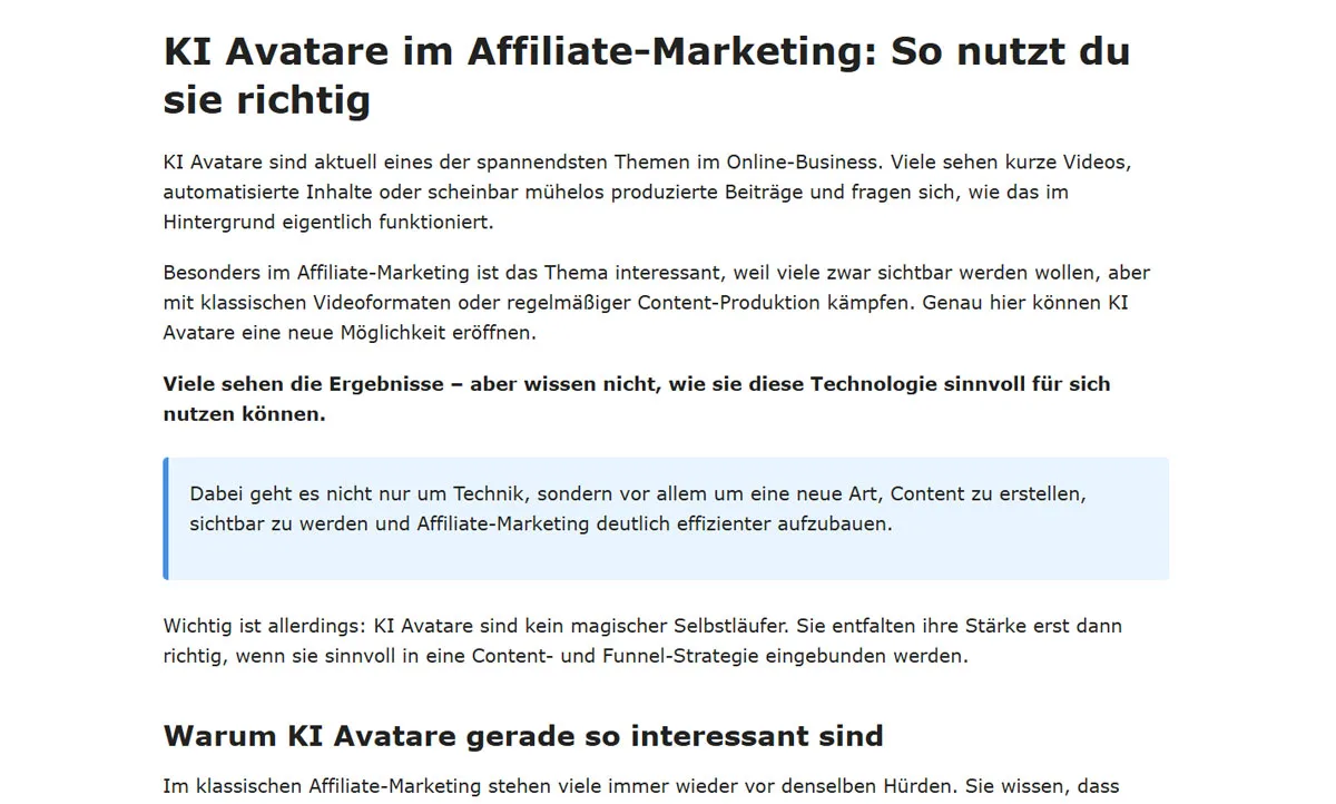 Artikel über KI Avatare im Affiliate-Marketing mit Textblöcken und Zitaten
