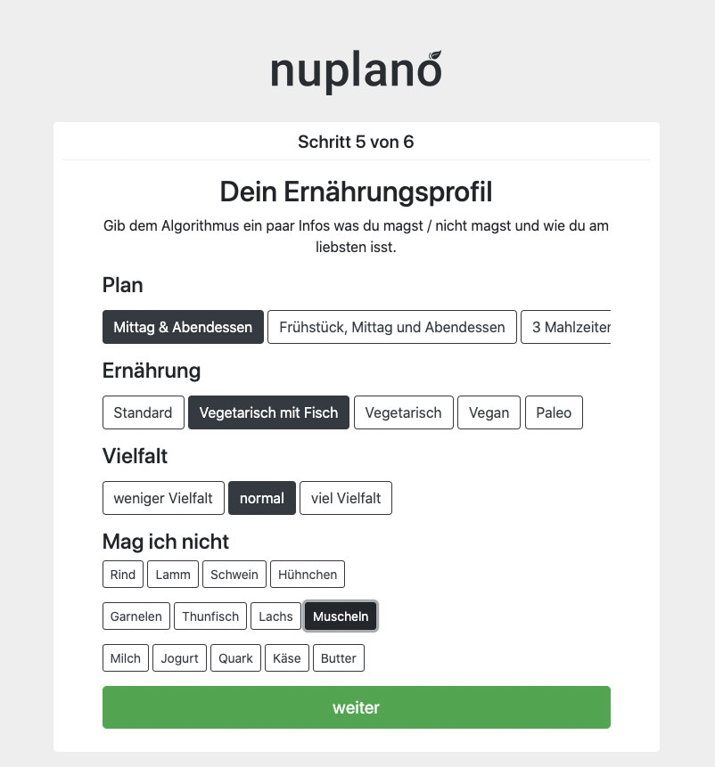 nuplano Ernährungsprofil Konfigurationsseite mit Optionen für Plan, Ernährungsform, Vielfalt und Ausschlüsse