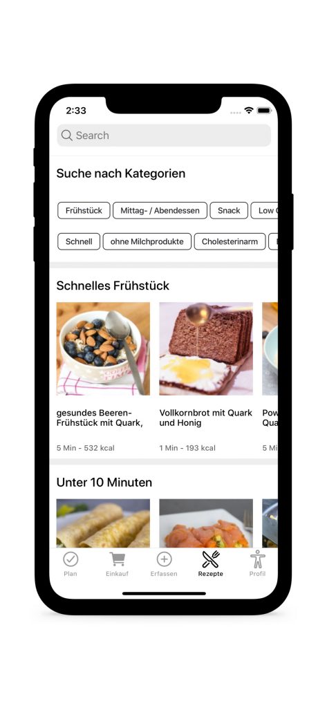 nuplano App Screenshot mit Suchfunktion, Kategorien-Filter und Rezepte für schnelles Frühstück