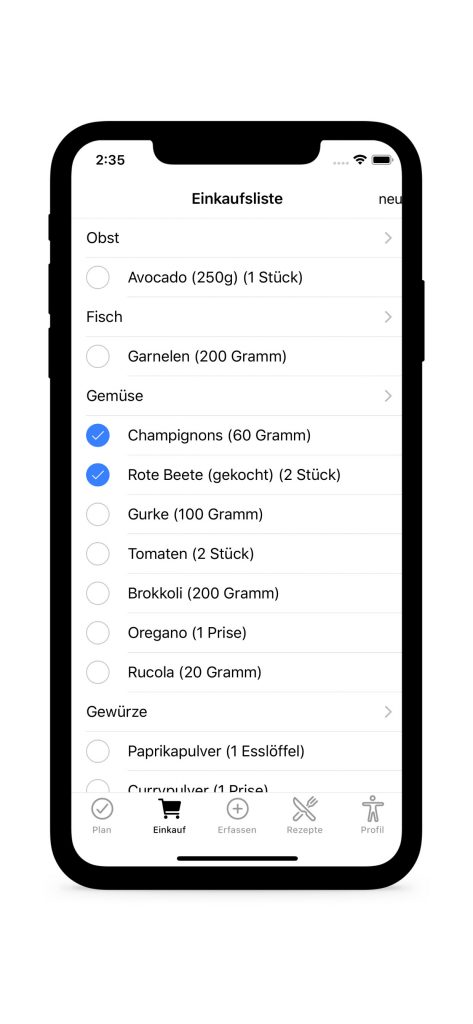 nuplano App Einkaufsliste mit kategorisiertem Gemüse, Obst, Fisch und Gewürzen zum Abhaken