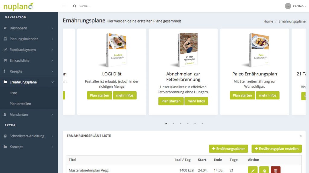 nuplano Software Desktop-Übersicht Ernährungspläne mit LOGI Diät, Abnehmeplan und Paleo Ernährungsplan