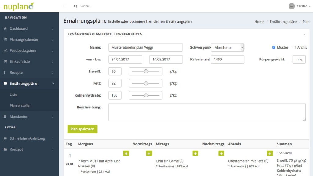 nuplano Software Plandetail-Bearbeitung mit Makronährstoffen, Zeitraum und Tagesmahlzeiten