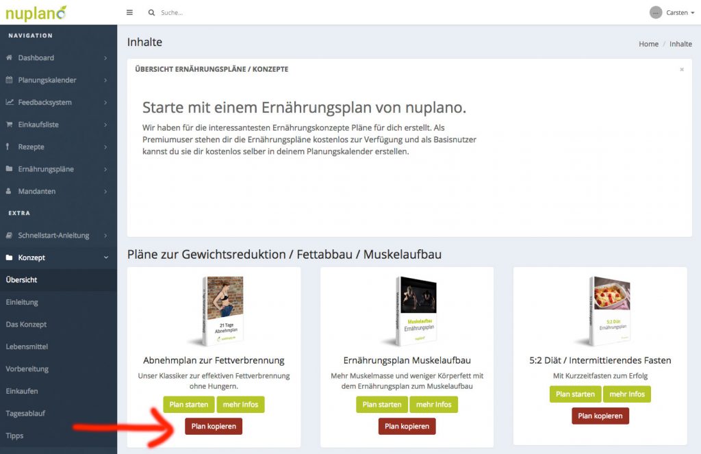 nuplano Software Inhalte-Seite mit Ernährungsplänen zur Gewichtsreduktion, Fettabbau und Muskelaufbau