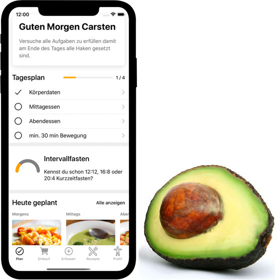 nuplano App Startseite mit Tagesplan, Zielen und Avocado-Grafik als Beispiel