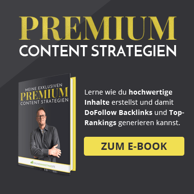 Premium Content Strategien E-Book mit gelbem Call-to-Action Button und Autorenportrait