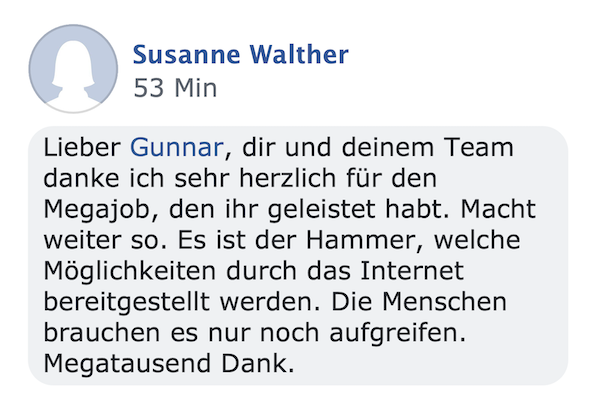 Kundenstimme von Susanne Walther, Testimonial mit Avatar, vor 53 Minuten verfasst