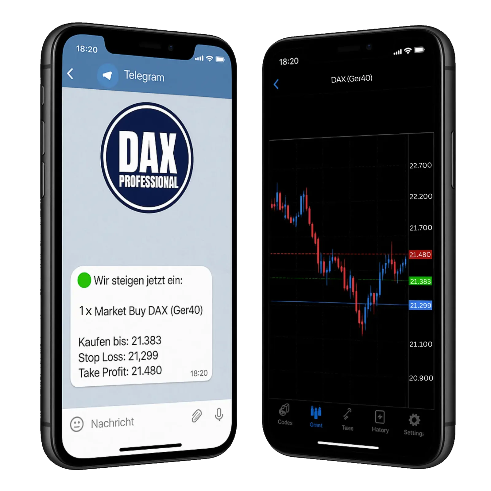 DAX Professional Mockup auf zwei iPhones mit Telegram-Nachricht und Trading-Chart