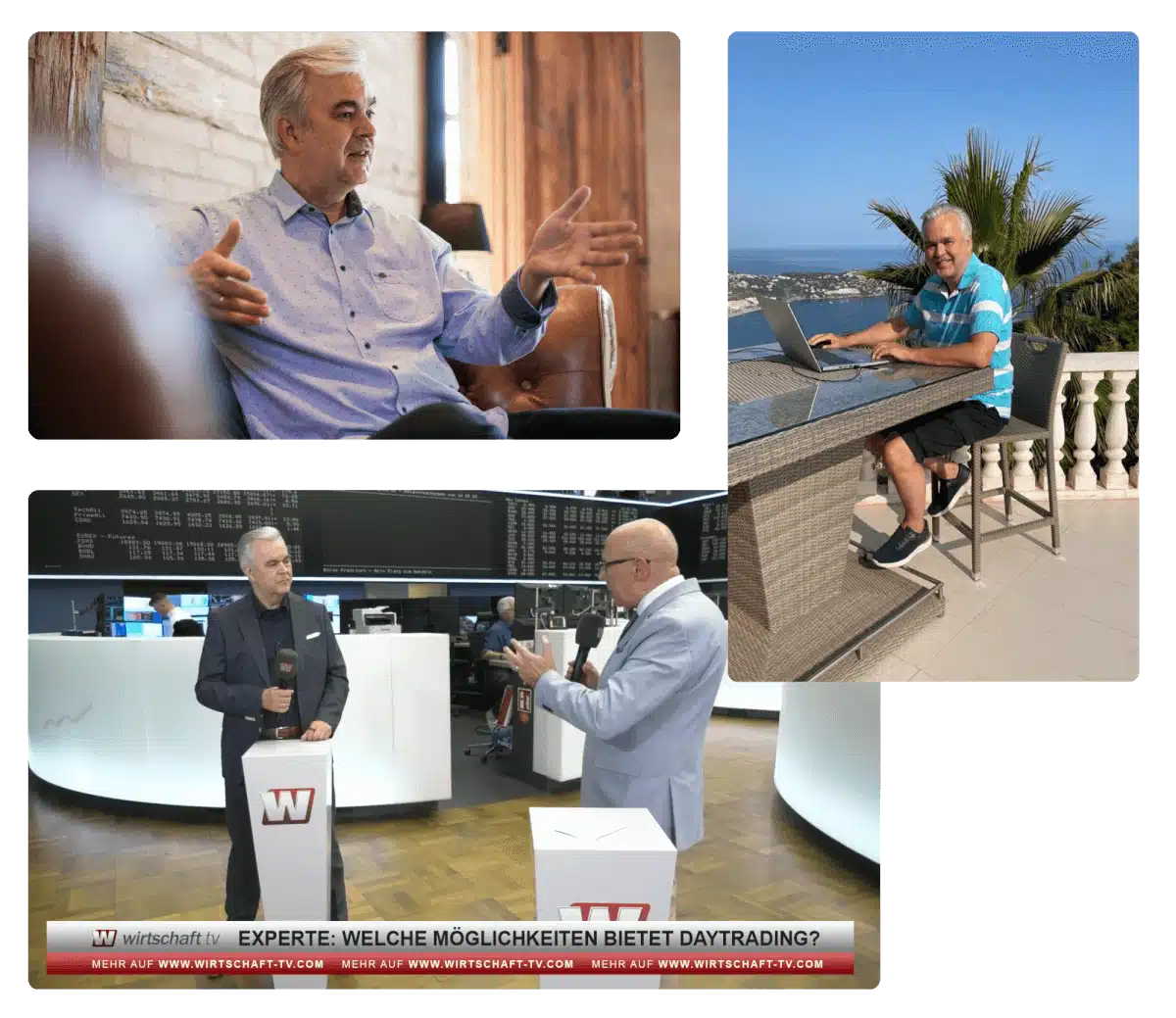 Torsten Wiese in verschiedenen Situationen: präsentierend, am Laptop am Meer, auf Börsen-Veranstaltung