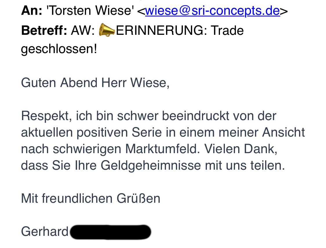 Email-Testimonial von Gerhard über positive Trading-Serie und geteilte Geheimtipps
