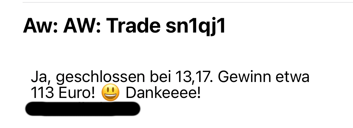 Testimonial von JE über geschlossenen Trade sn1qj1 mit 113 Euro Gewinn