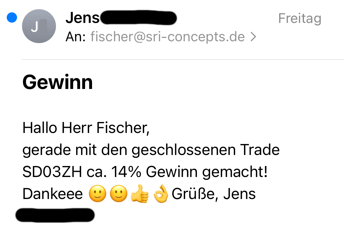 Testimonial von Jens über 14% Gewinn mit Trade SD03ZH