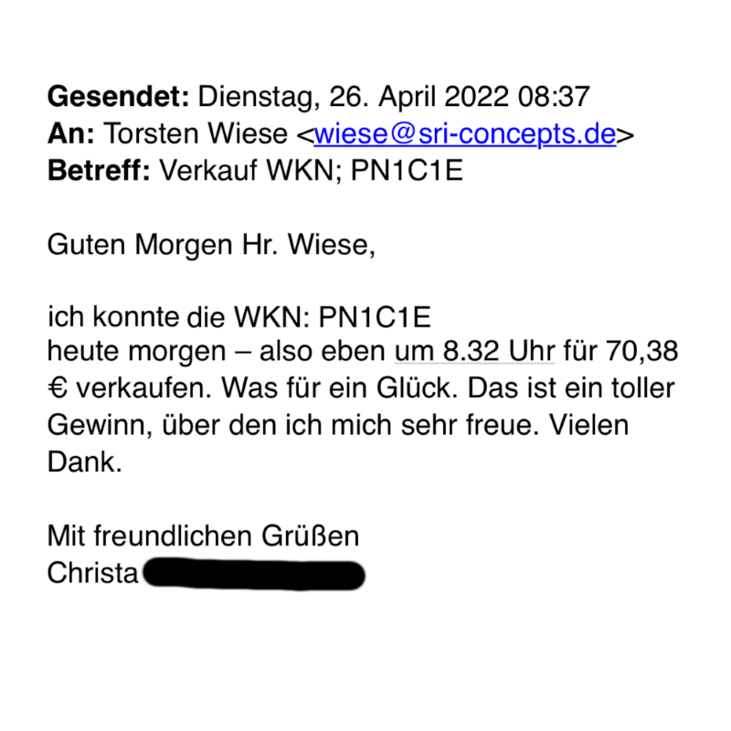 Email-Testimonial von Christa über WKN PN1C1E Verkauf mit gutem Gewinn