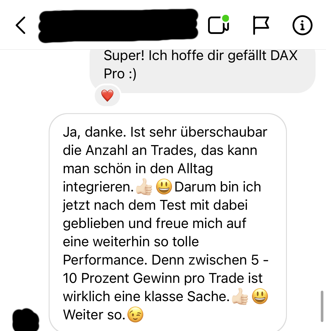 Instagram-Direktnachricht mit positivem Feedback zu DAX Pro und Trading-Performance